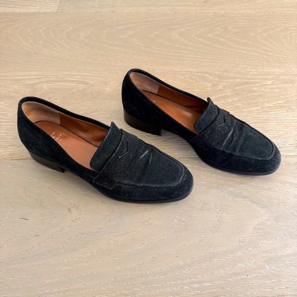 Aquatalia Penny Loafer Made in Italy Old Money Preppy Academia Black Suede 6.5